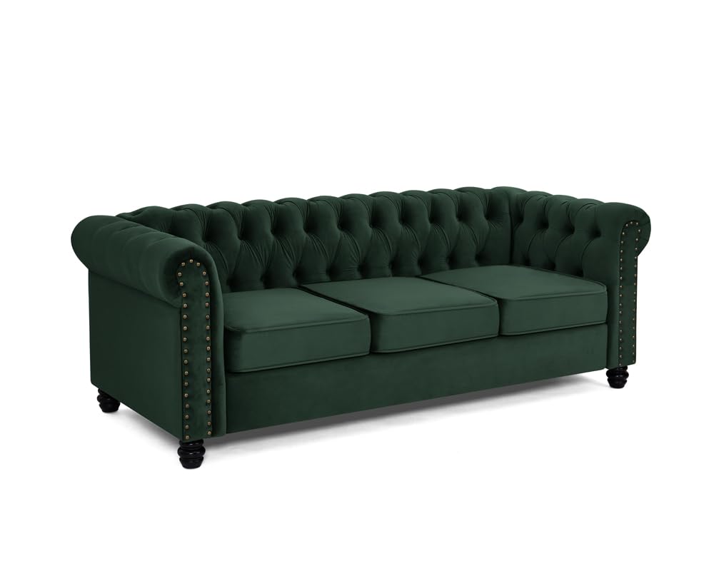 Home Detail Chesterfield Sofa Velvet Upholstered Couch in 2 Seater or 3 Seater Fabric Sofa in Grey, Blue, Black, Green, Gold (3 Seater, Grey)