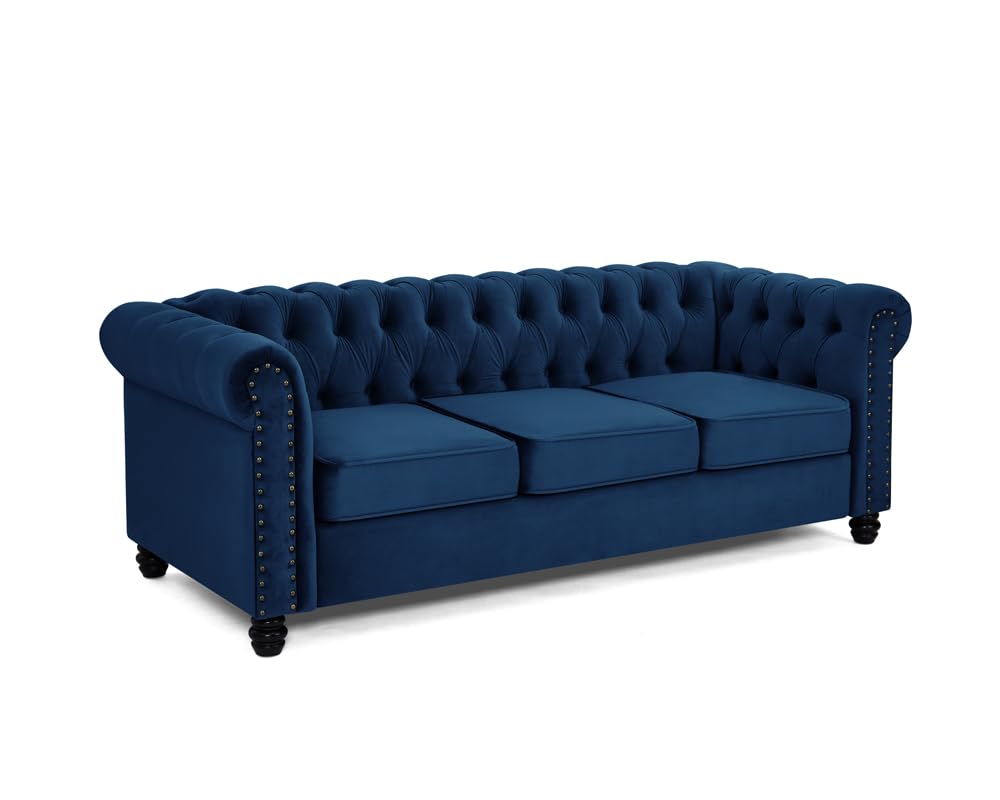 Home Detail Chesterfield Sofa Velvet Upholstered Couch in 2 Seater or 3 Seater Fabric Sofa in Grey, Blue, Black, Green, Gold (3 Seater, Grey)