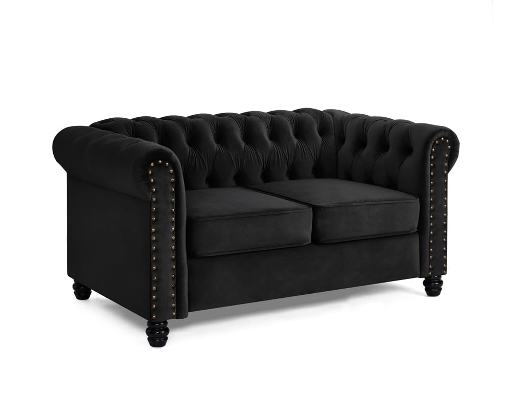 Home Detail Chesterfield Sofa Velvet Upholstered Couch in 2 Seater or 3 Seater Fabric Sofa in Grey, Blue, Black, Green, Gold (3 Seater, Grey)