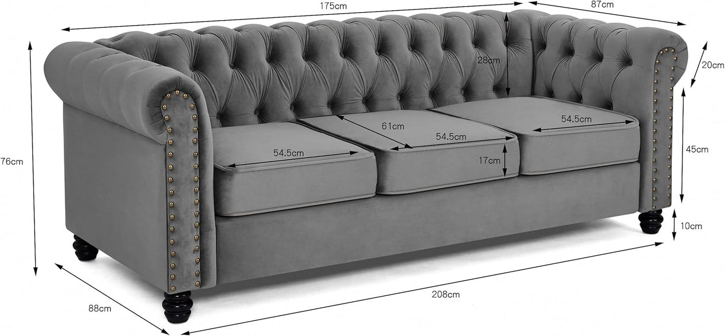 Home Detail Chesterfield Sofa Velvet Upholstered Couch in 2 Seater or 3 Seater Fabric Sofa in Grey, Blue, Black, Green, Gold (3 Seater, Grey)