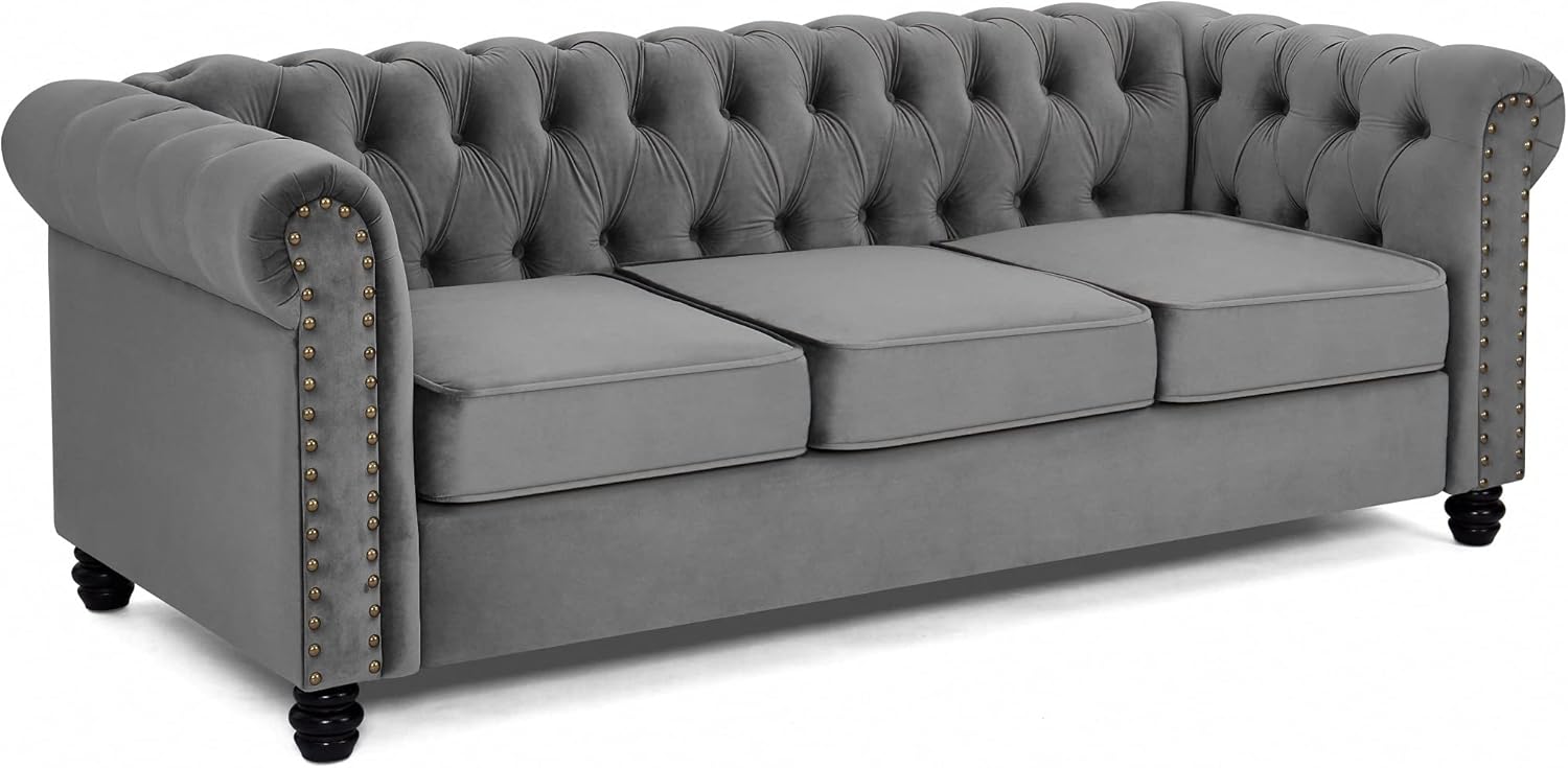 Home Detail Chesterfield Sofa Velvet Upholstered Couch in 2 Seater or 3 Seater Fabric Sofa in Grey, Blue, Black, Green, Gold (3 Seater, Grey)