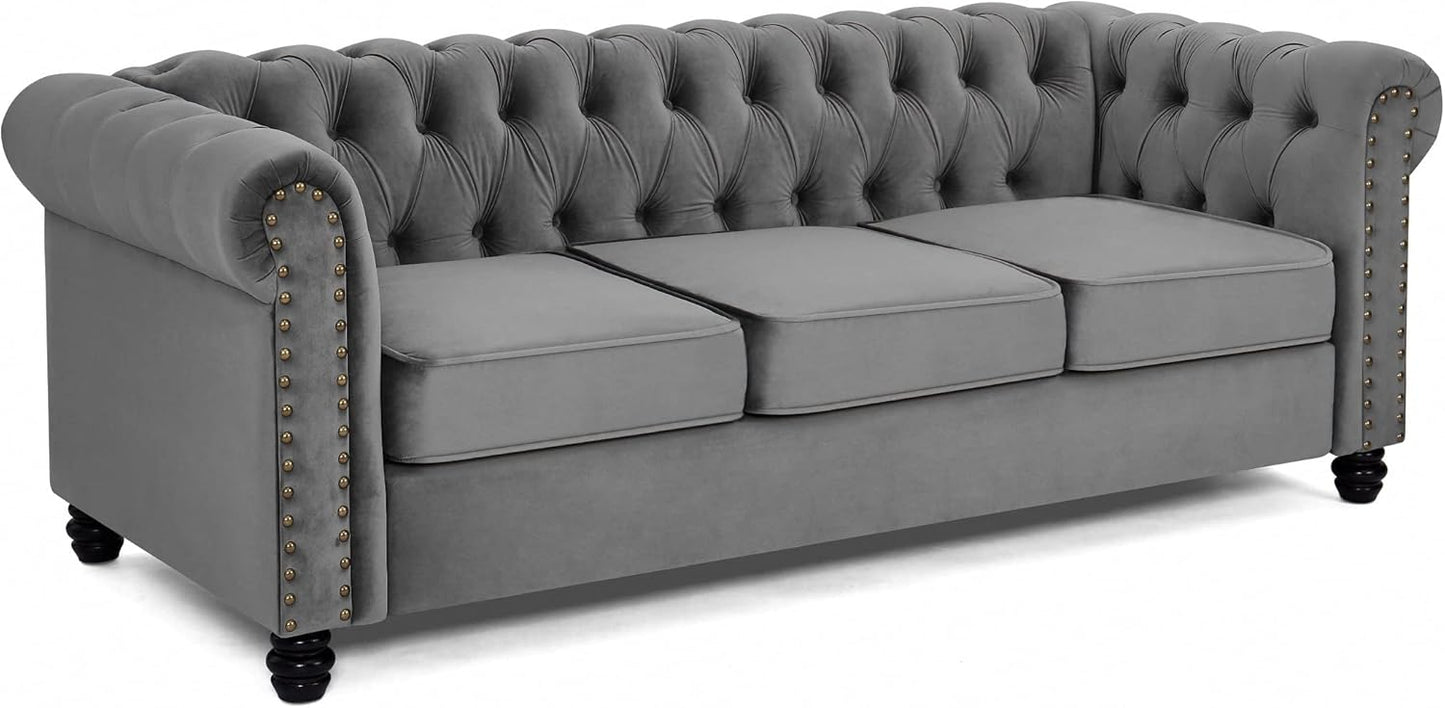 Home Detail Chesterfield Sofa Velvet Upholstered Couch in 2 Seater or 3 Seater Fabric Sofa in Grey, Blue, Black, Green, Gold (3 Seater, Grey)
