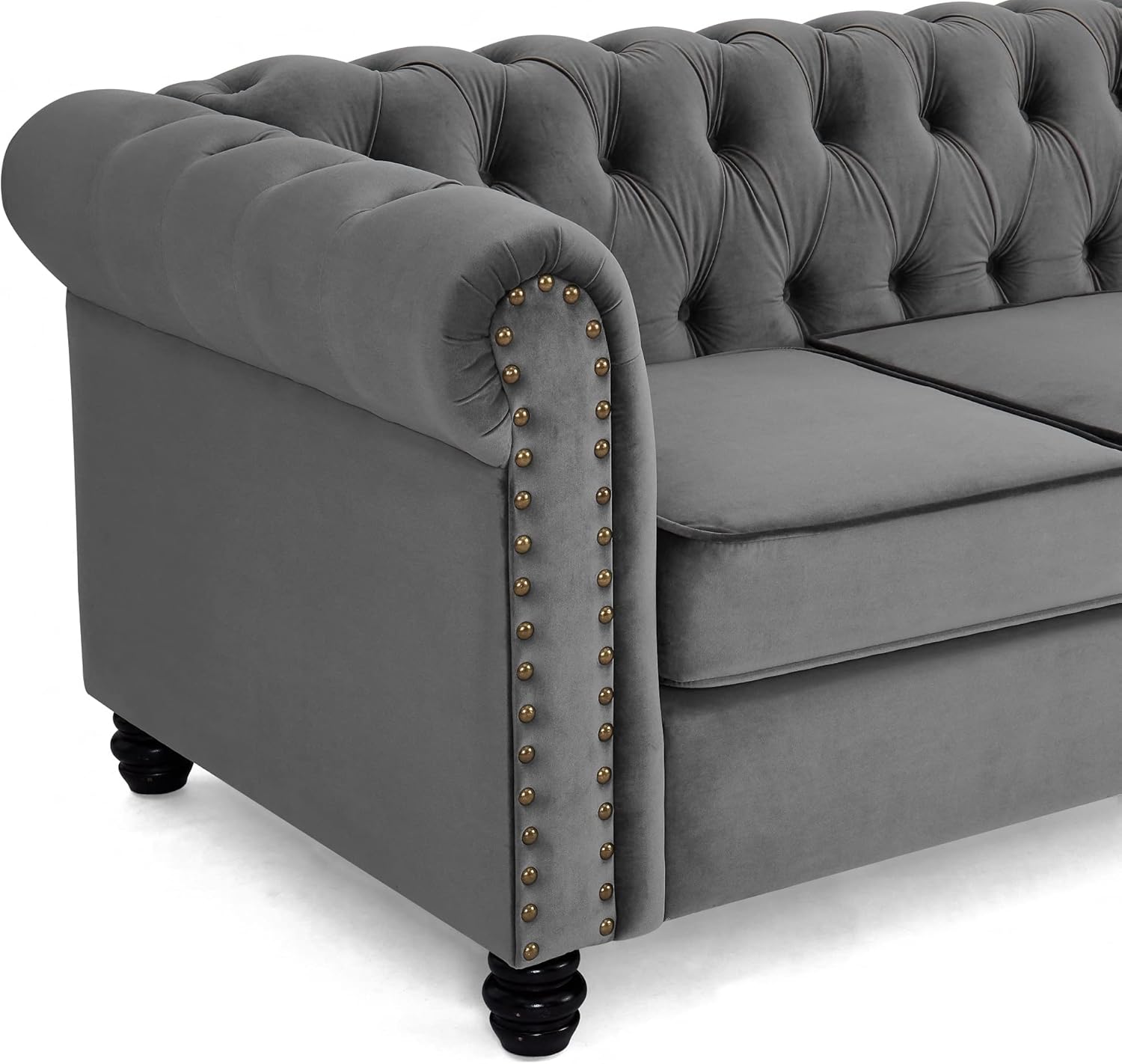 Home Detail Chesterfield Sofa Velvet Upholstered Couch in 2 Seater or 3 Seater Fabric Sofa in Grey, Blue, Black, Green, Gold (3 Seater, Grey)
