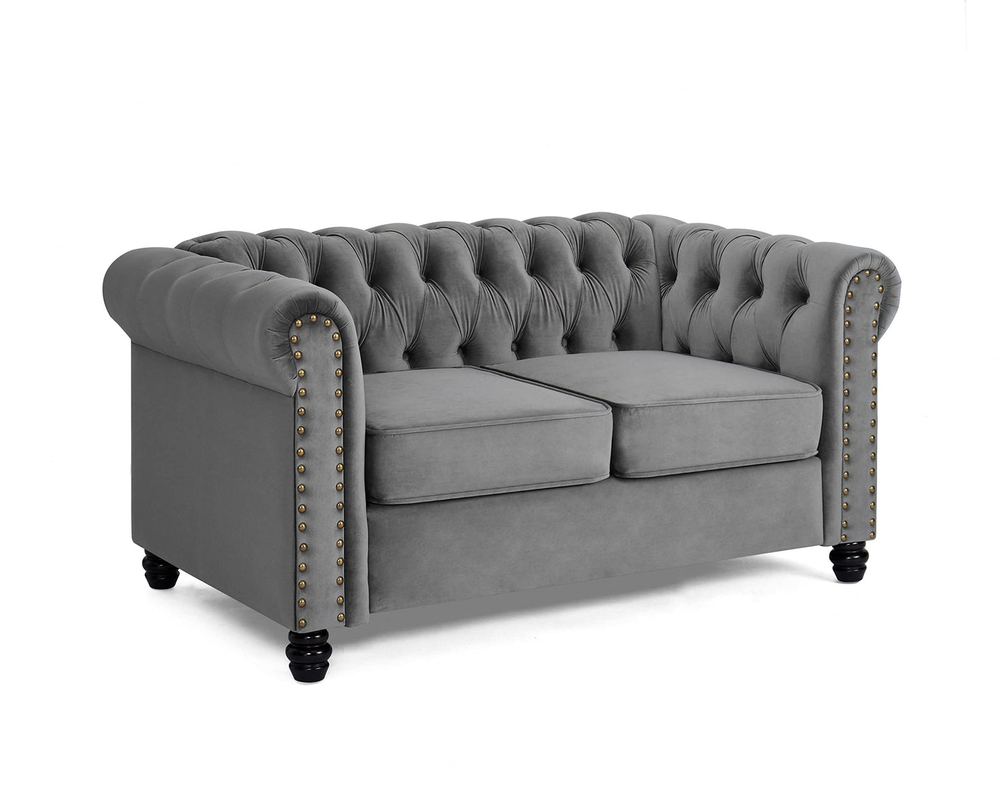 Home Detail Chesterfield Sofa Velvet Upholstered Couch in 2 Seater or 3 Seater Fabric Sofa in Grey, Blue, Black, Green, Gold (3 Seater, Grey)