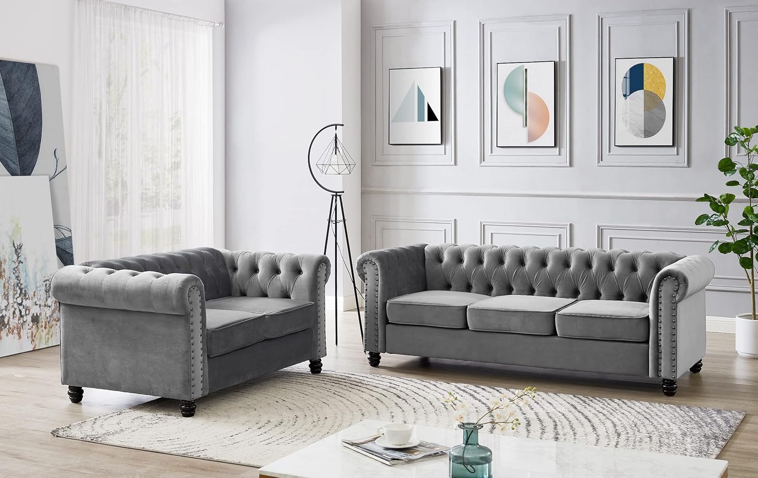 Home Detail Chesterfield Sofa Velvet Upholstered Couch in 2 Seater or 3 Seater Fabric Sofa in Grey, Blue, Black, Green, Gold (3 Seater, Grey)