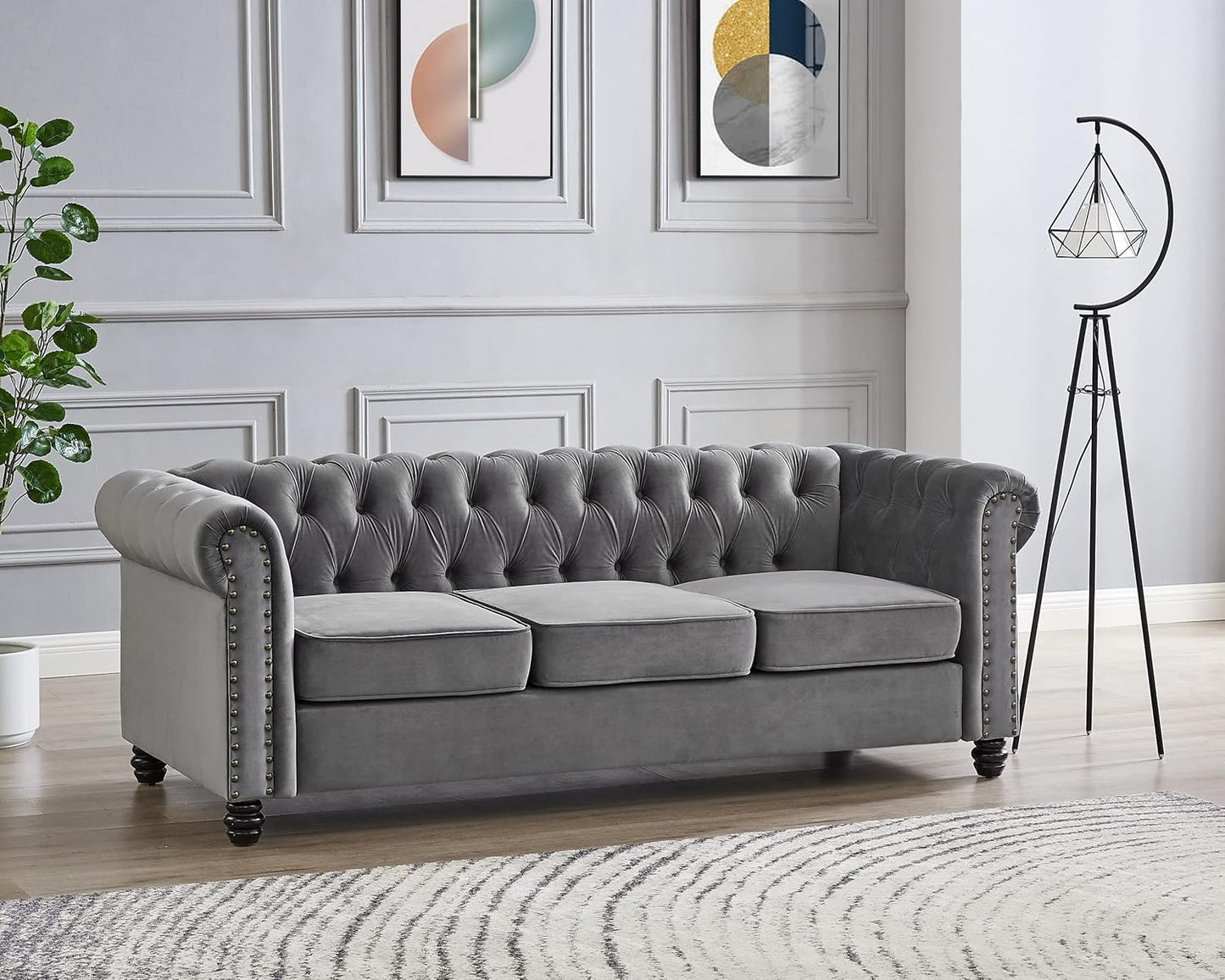 Home Detail Chesterfield Sofa Velvet Upholstered Couch in 2 Seater or 3 Seater Fabric Sofa in Grey, Blue, Black, Green, Gold (3 Seater, Grey)