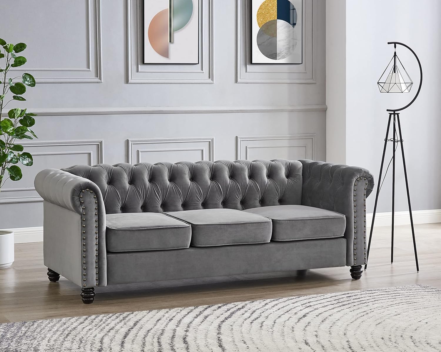 Home Detail Chesterfield Sofa Velvet Upholstered Couch in 2 Seater or 3 Seater Fabric Sofa in Grey, Blue, Black, Green, Gold (3 Seater, Grey)