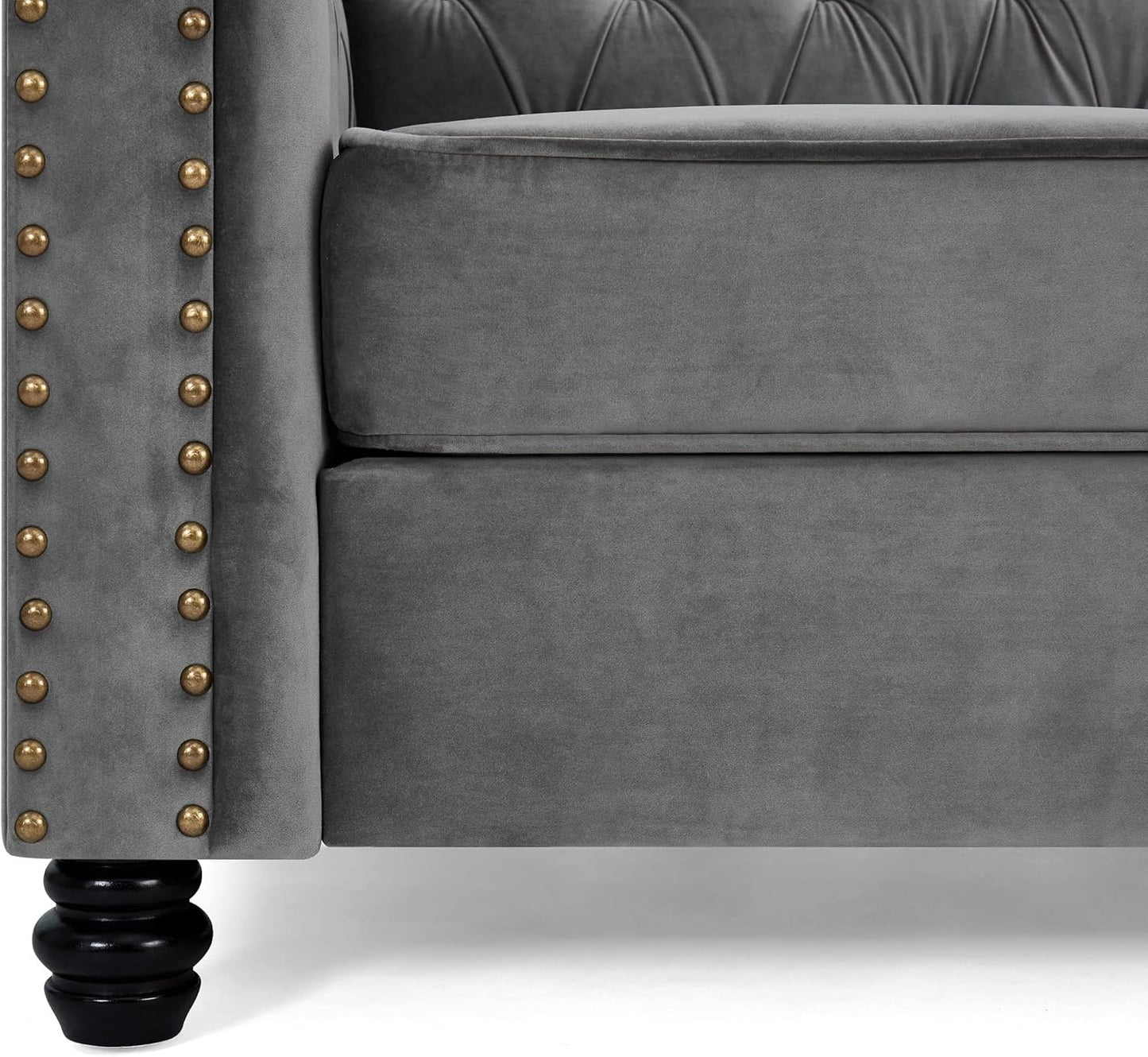 Home Detail Chesterfield Sofa Velvet Upholstered Couch in 2 Seater or 3 Seater Fabric Sofa in Grey, Blue, Black, Green, Gold (3 Seater, Grey)